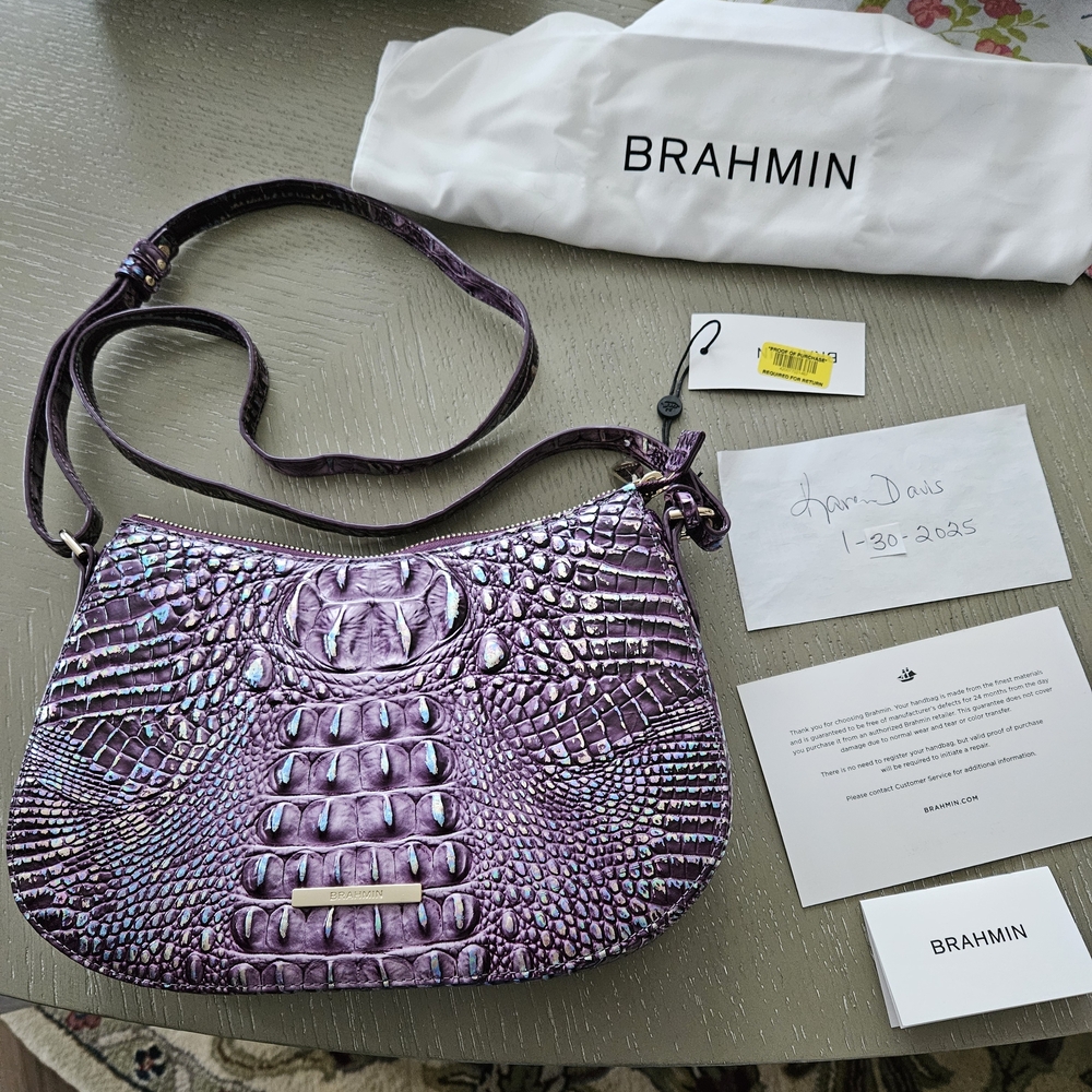 Brahmin Purple Shoulder Bag with Crocodile Texture and Crescent Shape
